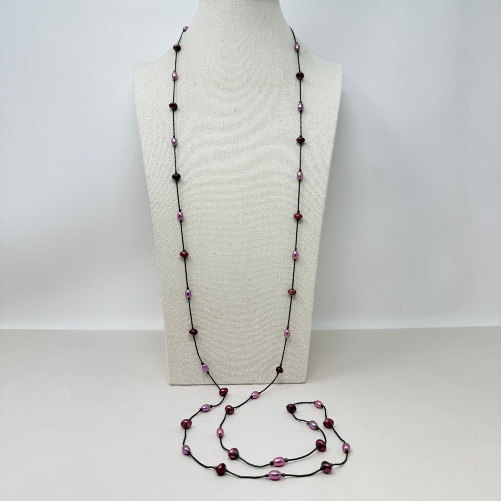 Long Station Necklace Purple Pink Pearl Beaded Bronze Tone Chain Layering